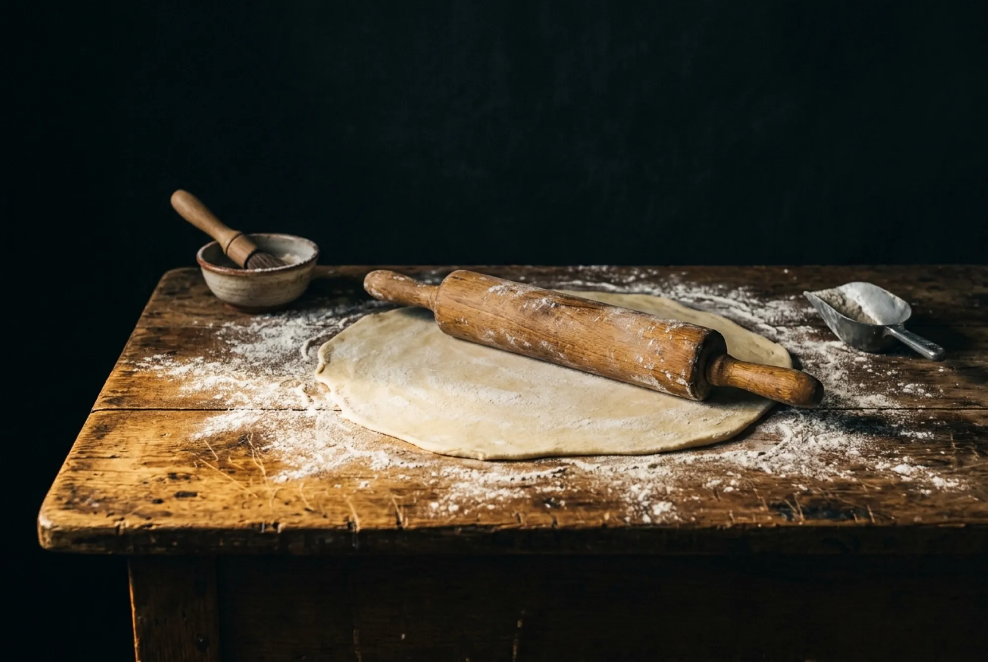 A worn baker’s bench dusted with flour, with a wooden rolling pin and a sheet of pastry dough