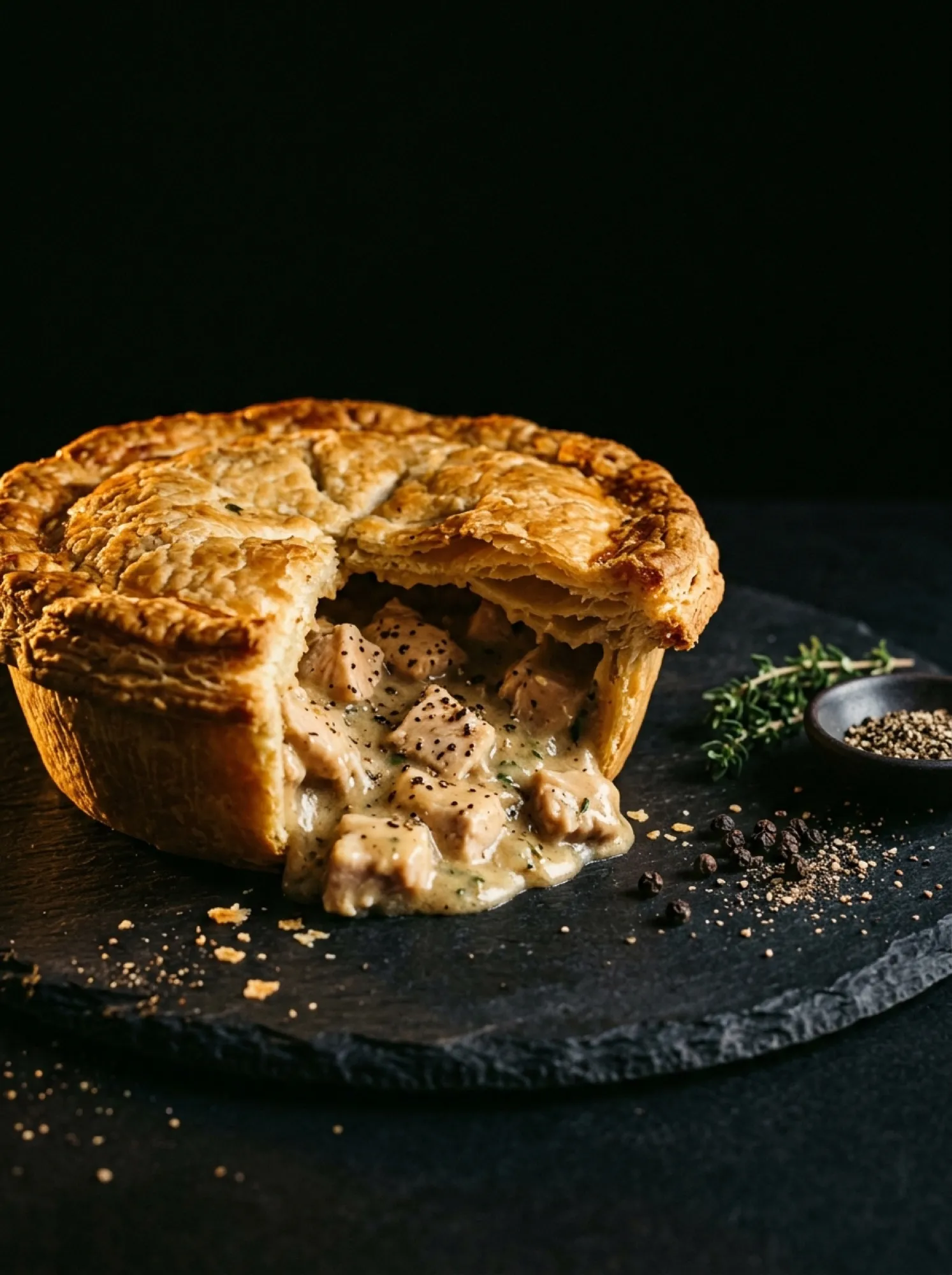 A black pepper chicken pie cut open, the filling flecked with cracked pepper, peppercorns scattered beside it