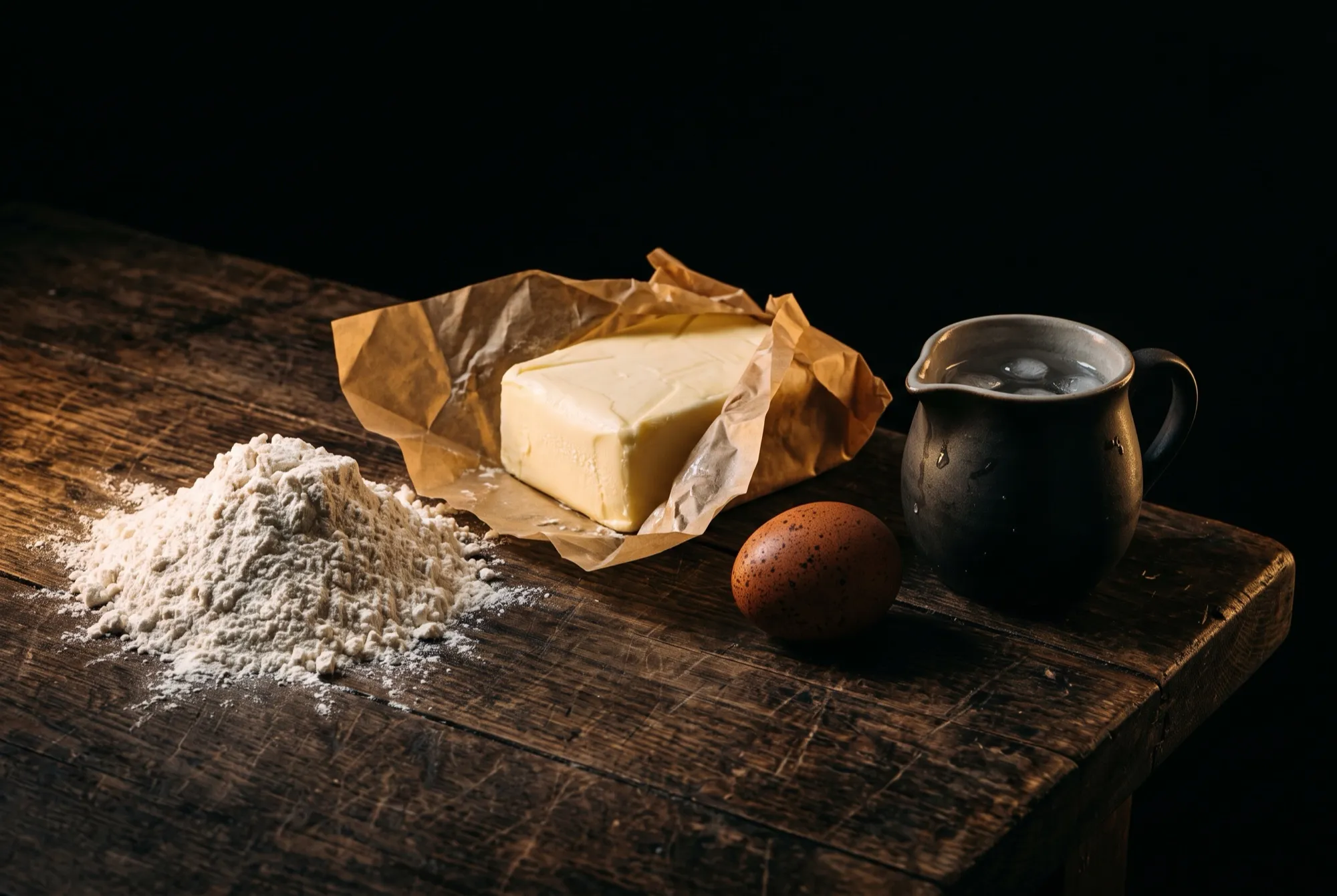 Pastry ingredients on a worn wooden bench: a block of butter in paper, a mound of flour, a brown egg and a jug of iced water