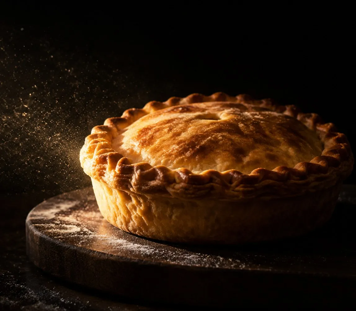 A round golden chicken pie on a floured wooden board, rim-lit against black
