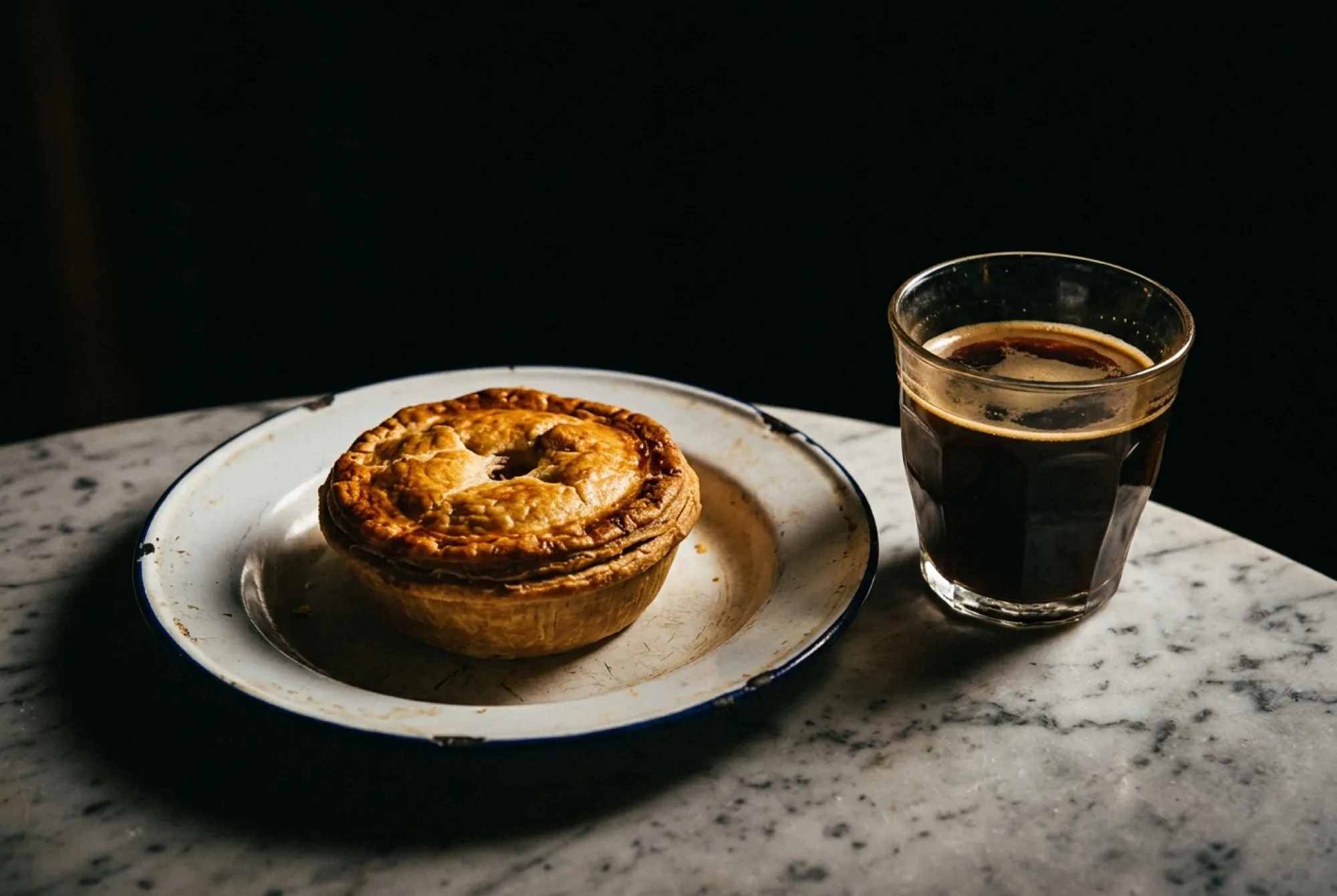 A chicken pie on an old enamel plate beside a glass of dark local coffee on a marble coffee shop table