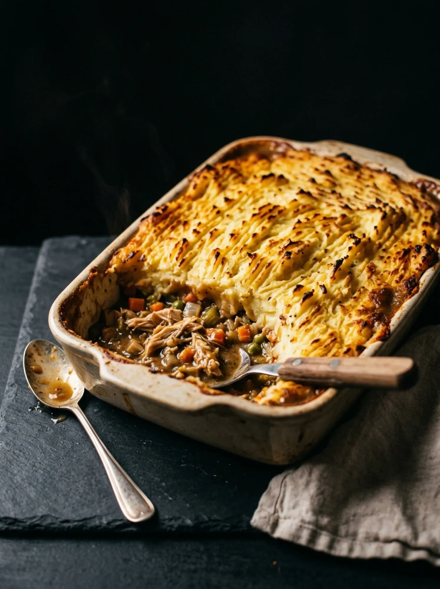 A tray of chicken shepherd’s pie with a browned, ridged mashed potato top and a portion scooped out