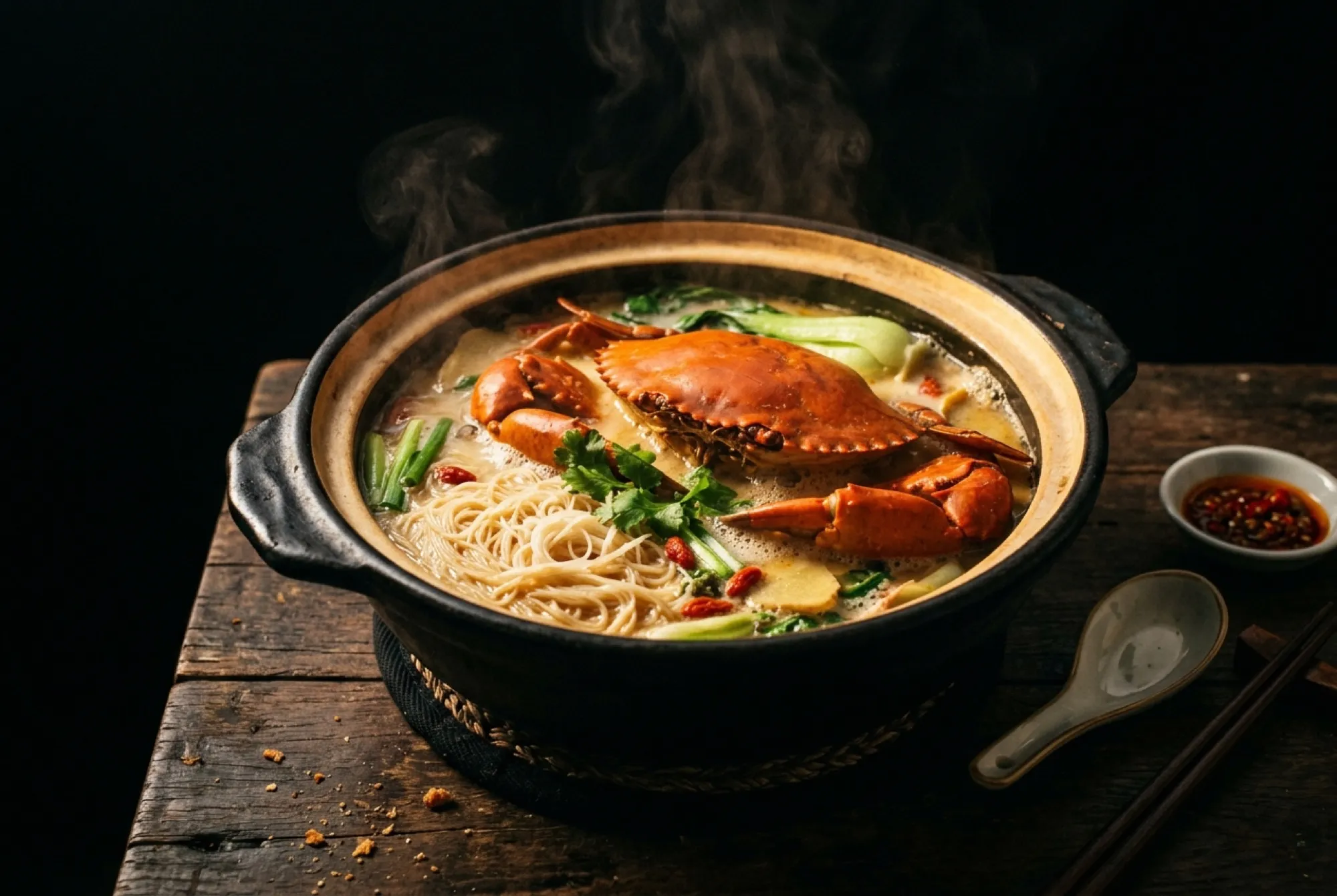 A claypot of crab bee hoon soup with a whole red crab and rice vermicelli in a milky herbal broth