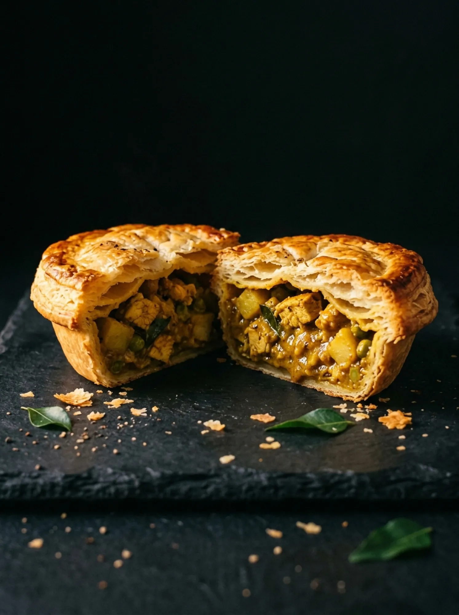 A curry chicken pie cut in half, showing a golden curry filling with chicken and potato