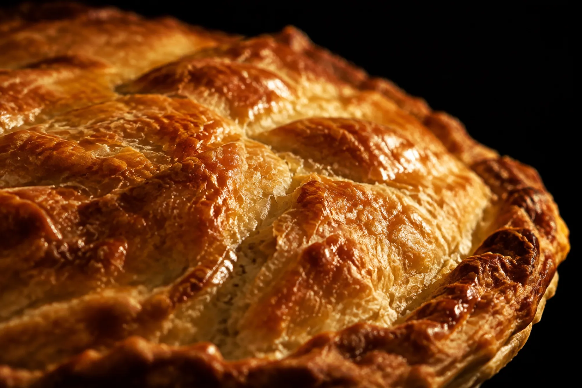 Close-up of a golden, flaky pie crust with a glossy sheen and blistered layers