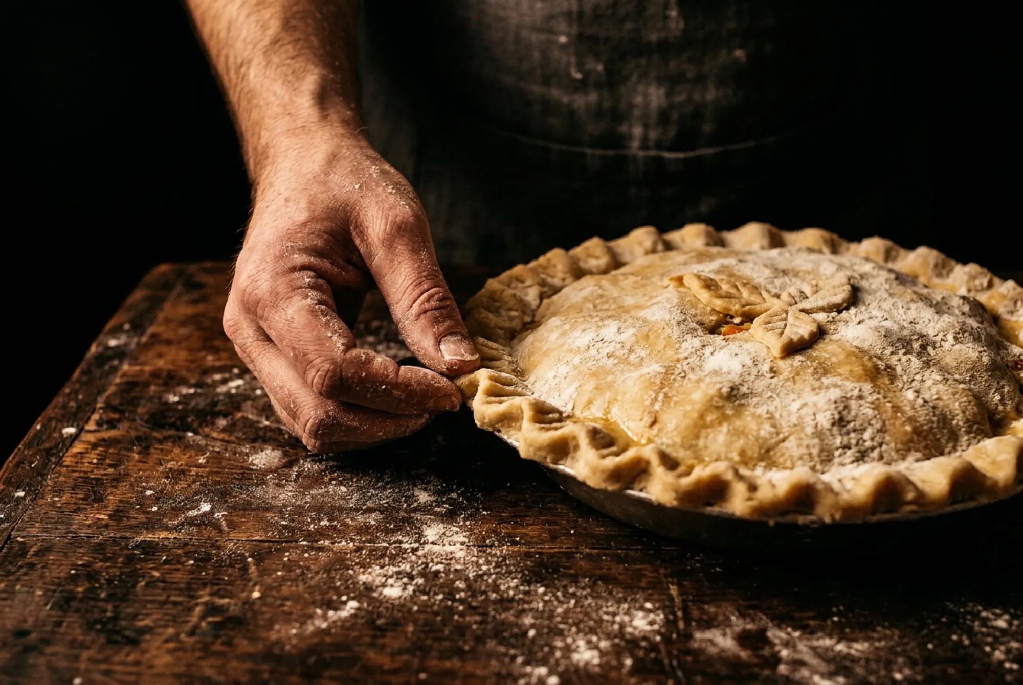 A baker’s floured hand crimping the edge of an unbaked chicken pie on a worn wooden bench