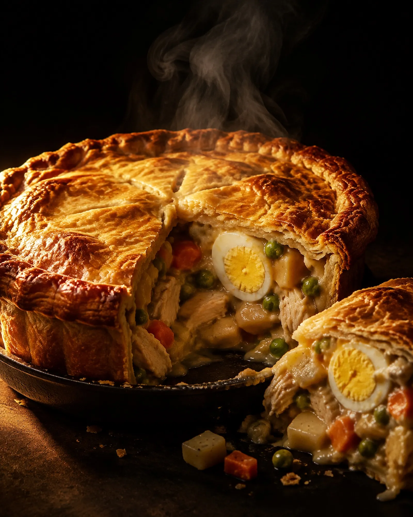 A chicken pie cut open with steam rising, showing chunky chicken, potato, carrot, peas and half a hard-boiled egg