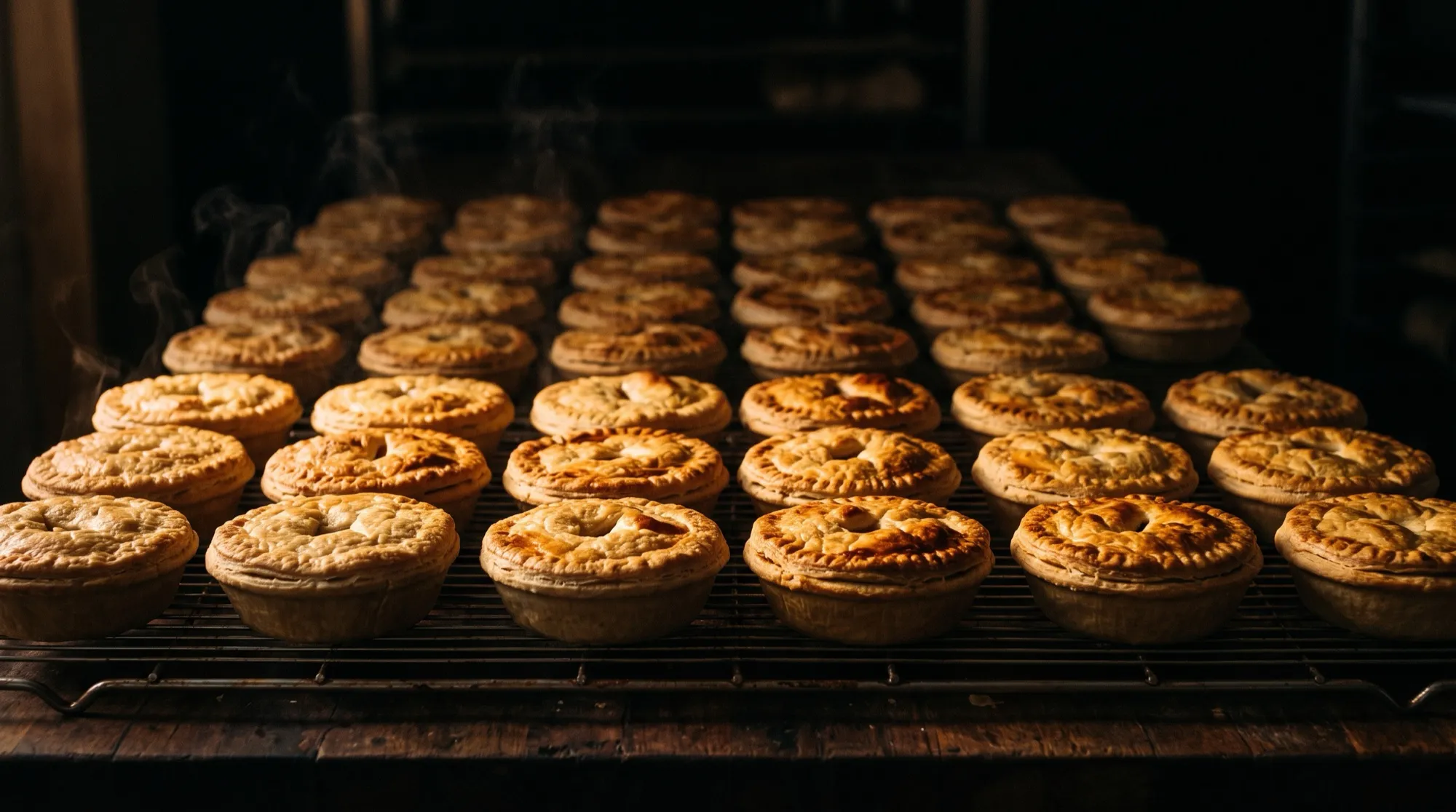 Rows of freshly baked golden pies cooling on a wire rack in a dark bakery