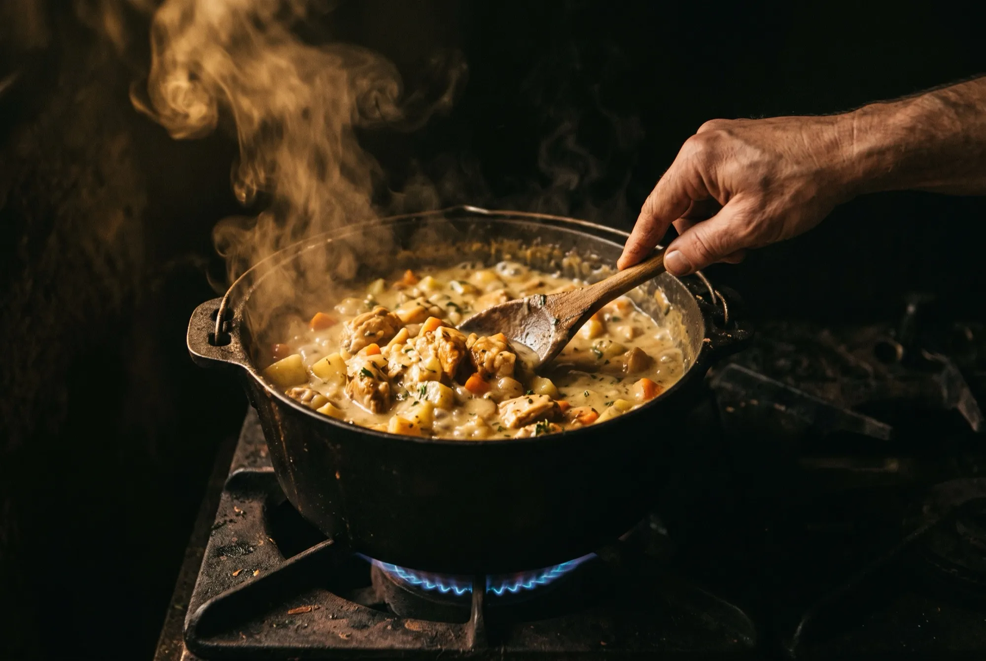 A hand stirring a steaming pot of creamy chicken pie filling with chicken, potato and carrot over a low gas flame