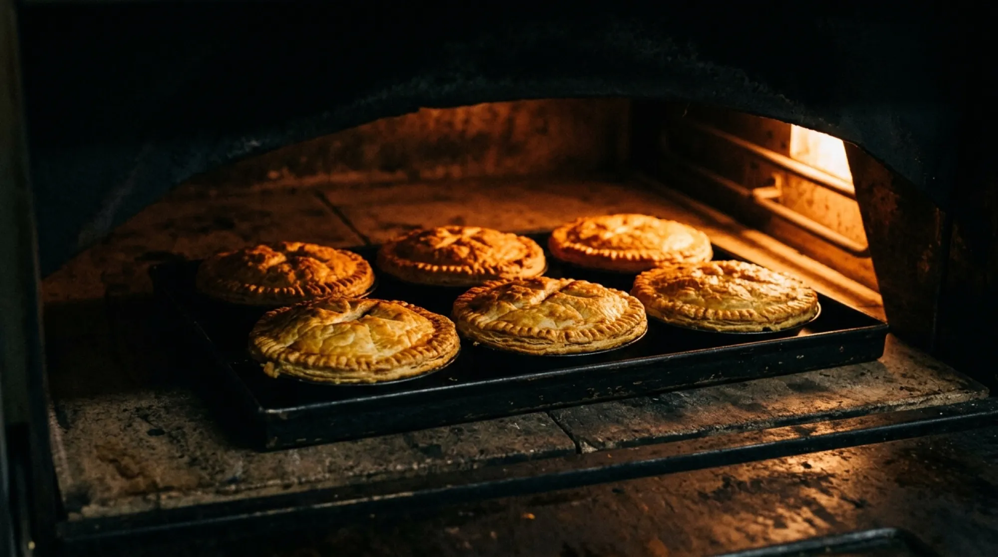 A tray of six golden pies baking in the warm glow of a deck oven