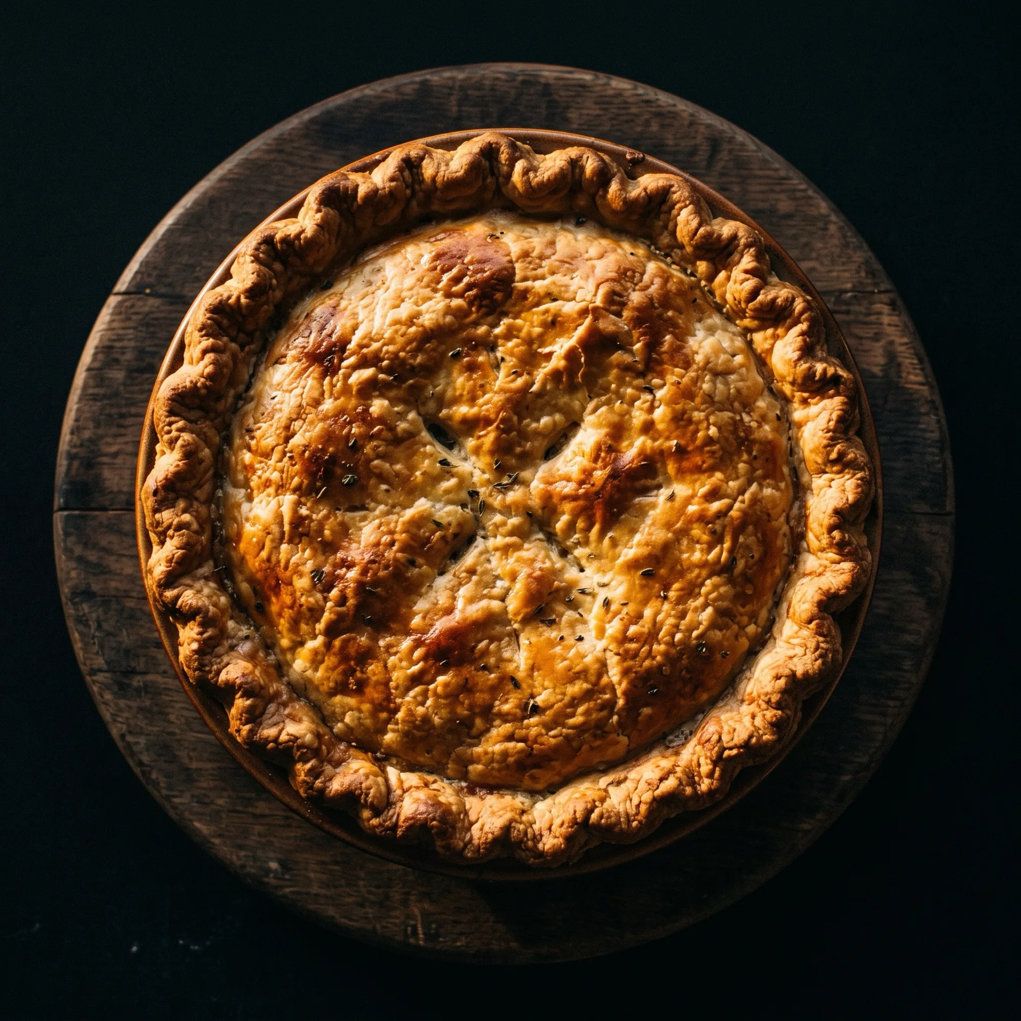 A whole family-size chicken pie seen from above, with a crimped edge and a deep golden top